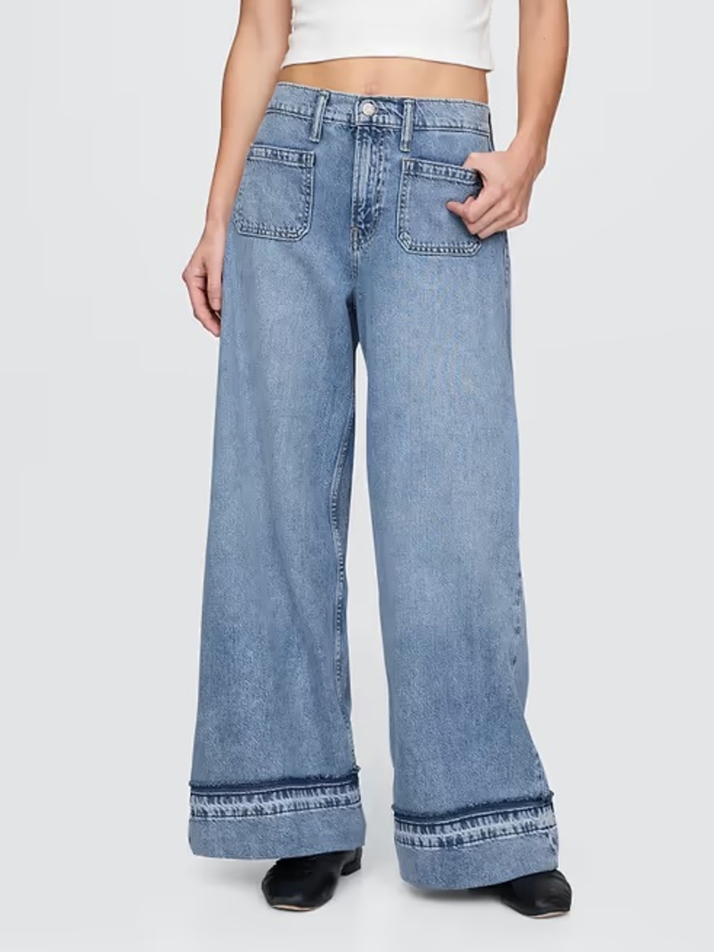 Gap Medium Wash Baggy Mid Rise Jeans 32 Wide Leg Patch Pocket Ultrasoft Denim
